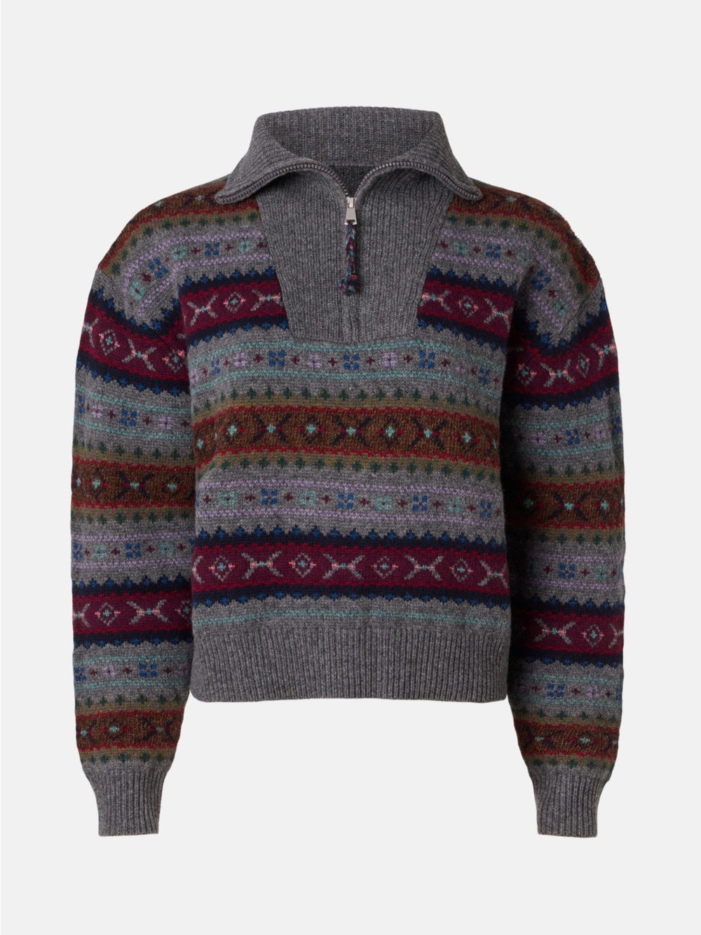 Women Grey Fair Isle Half-Zip Sweater